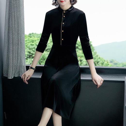 黑色金丝绒连衣裙时尚洋气立领拼接收腰显瘦中长款NYL80093 商品图3