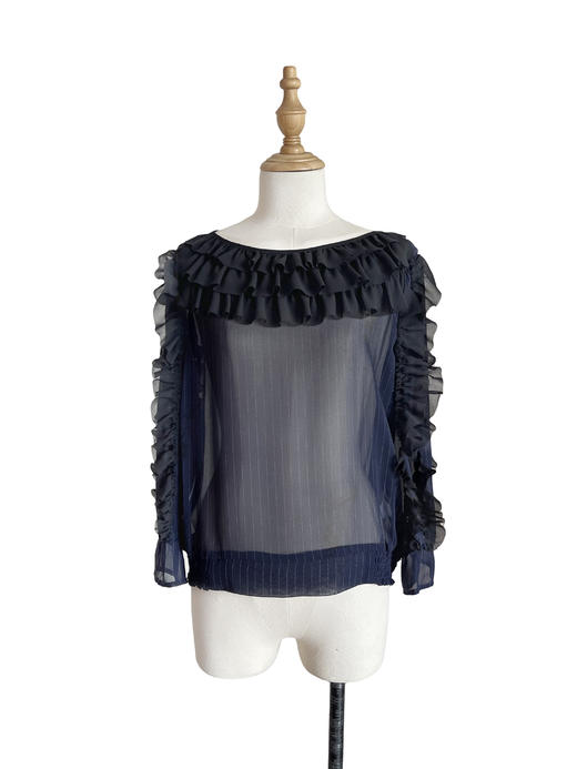 TYNVIE 荷叶边装饰7分袖上衣-藏青 商品图0