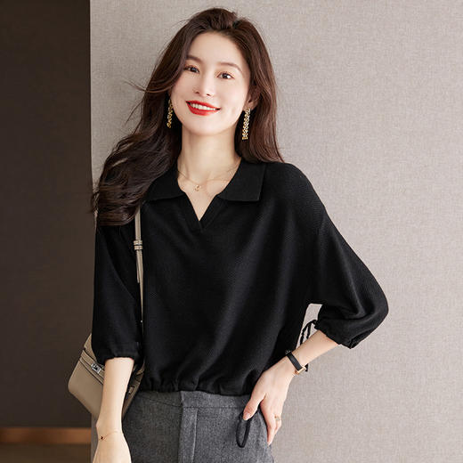 翻领毛衣女七分袖外穿收腰显瘦小个子短款针织衫CC-J997 商品图1