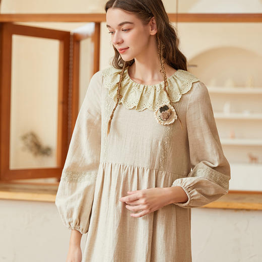 Famecoco范可儿棉麻娃娃领连衣裙泡泡袖宽松裙子遮肚子F228FA011 商品图3