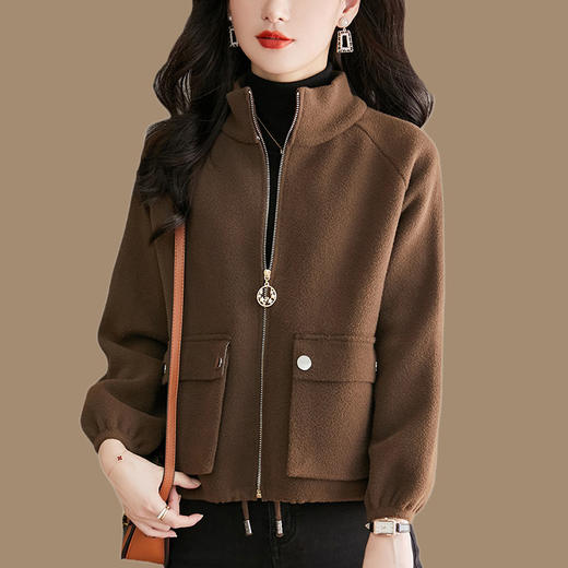 秋冬季立领小个子外套女，短款宽松洋气外搭开衫纯色抽绳拉链上衣厚CC-22-3607 商品图5