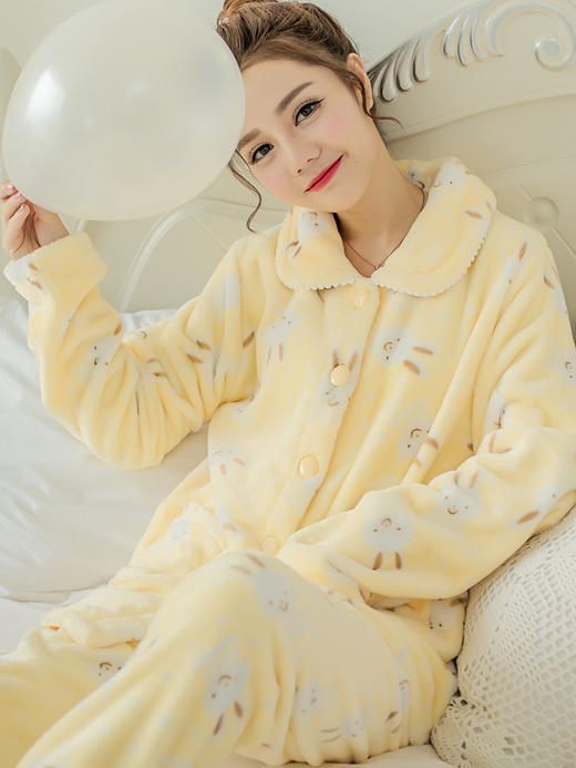 秋冬季加厚款珊瑚绒睡衣女套装家居服加绒可爱法兰绒长袖开衫大码myy13 商品图3