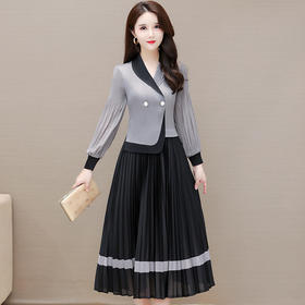 QYM L821-Y时尚灯笼袖百褶皱裙拼结假两件高字裙