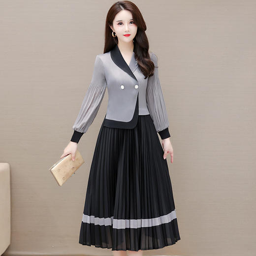 QYM L821-Y时尚灯笼袖百褶皱裙拼结假两件高字裙 商品图0