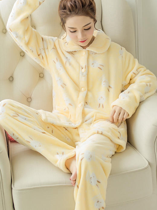 秋冬季加厚款珊瑚绒睡衣女套装家居服加绒可爱法兰绒长袖开衫大码myy13 商品图1