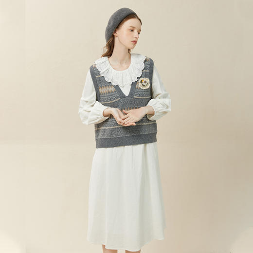 Famecoco范可儿棉麻娃娃领连衣裙泡泡袖宽松裙子遮肚子F228FA011 商品图2