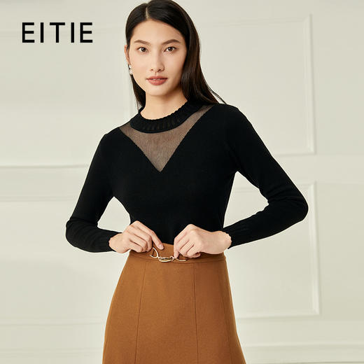 EITIE爱特爱网纱拼接黑色修身针织衫显瘦百搭打底基础秋新款C2201026 商品图0