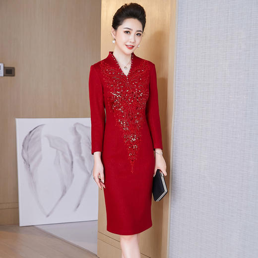 LC-6302新款婚礼礼服大码修身毛呢喜婆婆婚宴高贵长袖连衣裙冬 商品图4