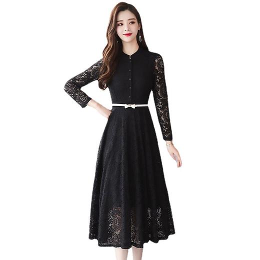 黛唯梵女装蕾丝连衣裙秋冬纯色仙女裙时尚气质裙子韩版修身收腰打底长裙 商品图4