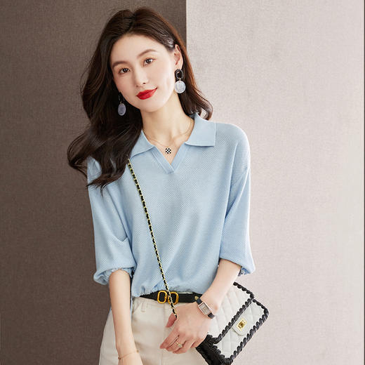 翻领毛衣女七分袖外穿收腰显瘦小个子短款针织衫CC-J997 商品图2