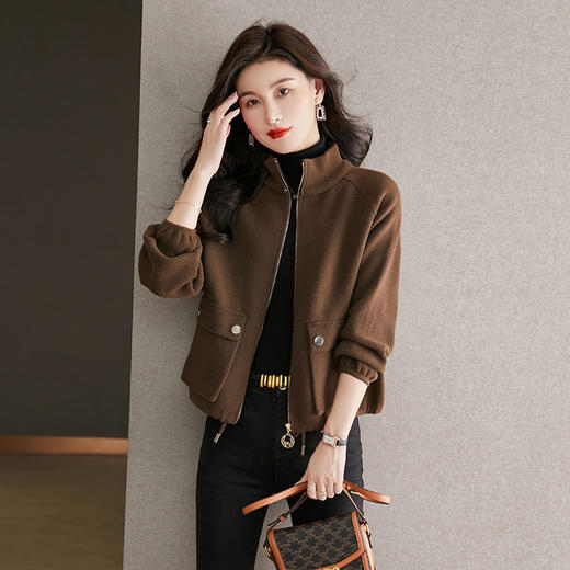 秋冬季立领小个子外套女，短款宽松洋气外搭开衫纯色抽绳拉链上衣厚CC-22-3607 商品图0