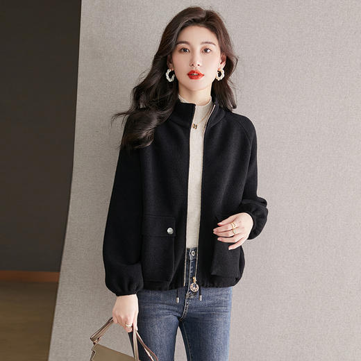 秋冬季立领小个子外套女，短款宽松洋气外搭开衫纯色抽绳拉链上衣厚CC-22-3607 商品图1