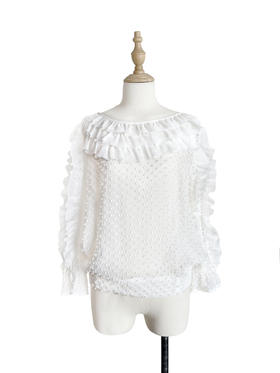 TYNVIE 荷叶边装饰7分袖上衣-白色