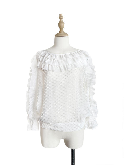 TYNVIE 荷叶边装饰7分袖上衣-白色 商品图0