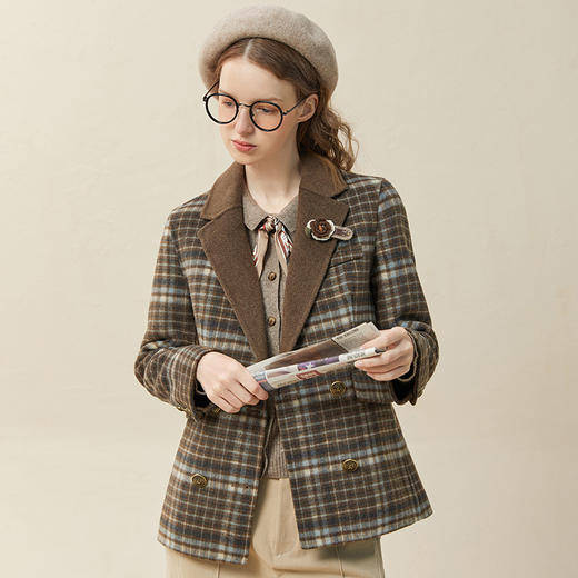 Famecoco范可儿复古格子西装外套女小个子秋冬毛呢短款双排扣西服F228AW006 商品图1