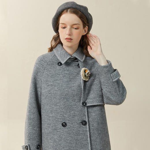 Famecoco范可儿羊毛呢子大衣女冬中长款双排扣方领肌理感外套F228AN001 商品图4