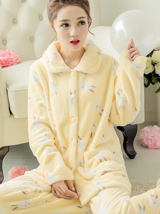 秋冬季加厚款珊瑚绒睡衣女套装家居服加绒可爱法兰绒长袖开衫大码myy13 商品图0