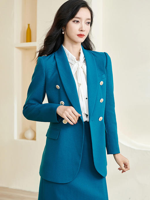 米思阳2024春季新款时尚通勤青果领双排扣修身西装长袖外套女2485 商品图1