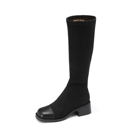 westory22年秋冬新款中筒靴弹力靴套筒圆头粗跟瘦瘦靴短靴女82231 商品图3