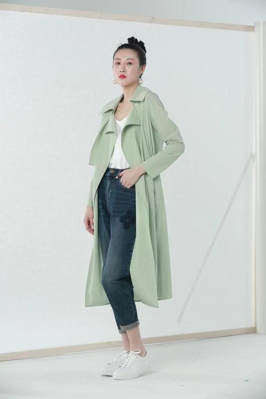 【伯妮斯茵】竹青色百搭气质中长款修身长袖翻领时尚过膝风衣 3D5781 商品图7