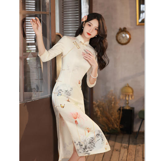 麂皮绒年轻少女款，长款印花旗袍GX-178537 商品图2