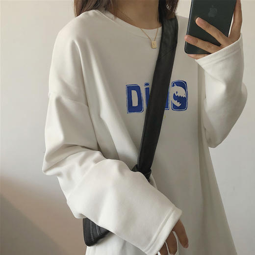 【买一送一】长袖t恤女白色打底衫2023秋冬加绒中长款印花内搭体恤上衣mzy02 商品图1