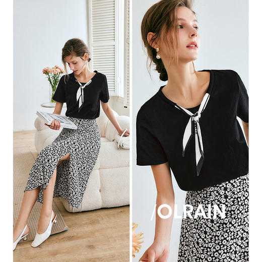 欧芮儿黑色短袖T恤女夏季2022新款宽松时尚丝巾系带气质休闲上衣 商品图2
