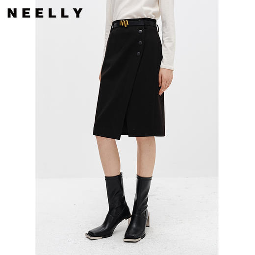 NEELLY纳俪商场同款高腰半身裙女中长款下开叉设计A字裙百搭时尚N22102E01061 商品图3