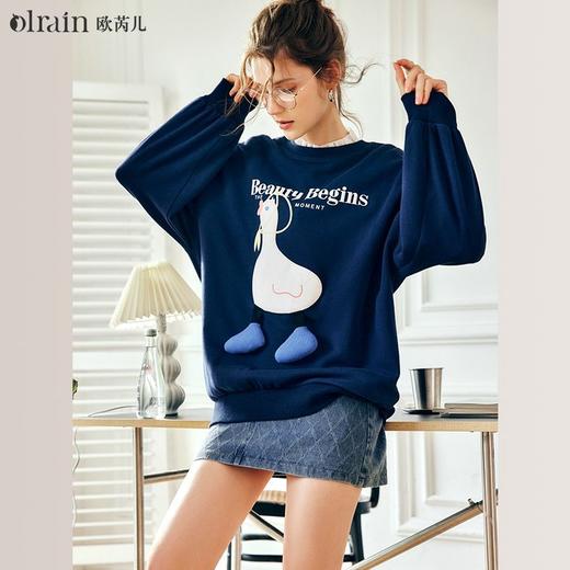 OLrain欧芮儿法式宝蓝色卫衣女早秋2022年新款洋气减龄印花上衣 商品图4