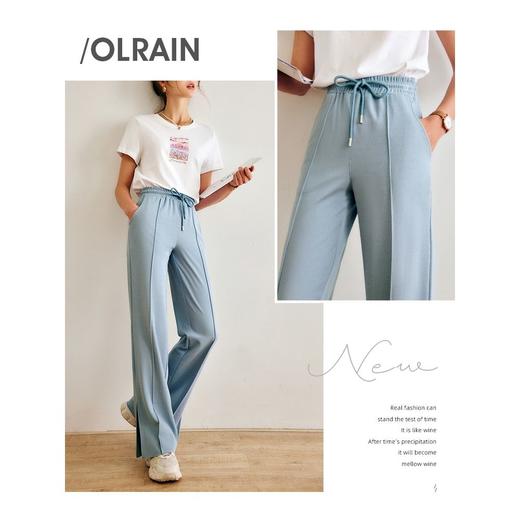 欧芮儿针织休闲裤女夏季2022新款高腰直筒开叉阔腿运动抽绳拖地裤 商品图3