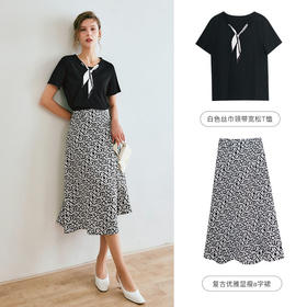 欧芮儿黑色短袖T恤女夏季2022新款宽松时尚丝巾系带气质休闲上衣