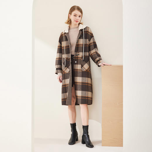 MH9D1斯尔丽瑟俪2022年冬上新商场同款气质格子连帽衫毛呢减龄大衣外套 商品图1