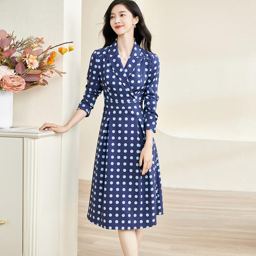 剩S/M/L 米思阳2025春季新款气质波点西装领连衣裙收腰显瘦长袖A字裙2745 商品图0