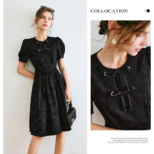 欧芮儿黑色连衣裙女夏季2022年新款收腰气质复古泡泡袖中国风裙子 商品图0