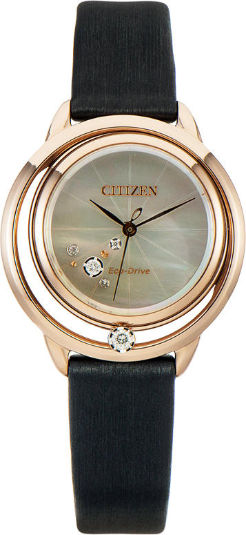 西铁城不锈钢镀樱花粉色5颗真缎绣皮钻光动能女表EW5522-20D 商品图1