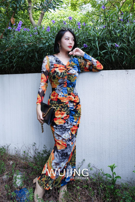 【雾境定制款】复古绚烂印花进口网眼针织极致女人超级遮肉鱼尾裙2202191 商品图3