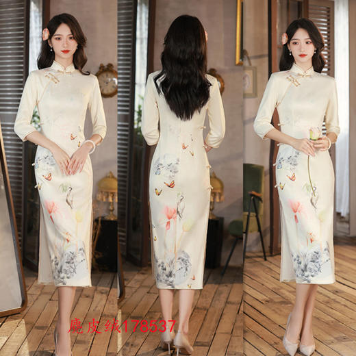 麂皮绒年轻少女款，长款印花旗袍GX-178537 商品图1