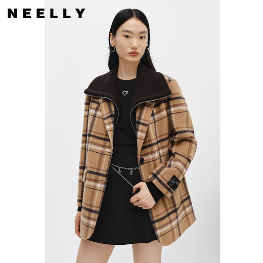 NEELLY纳俪商场同款冬季新款格纹毛呢外套女拼接大翻领减龄大衣潮N22102N01045 商品图0