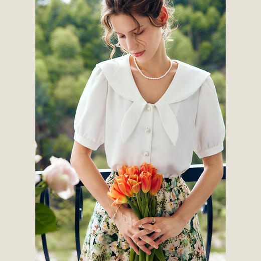 OLrain法式高级穿搭白色短袖衬衫女夏季2022年新款时尚娃娃领上衣 商品图2