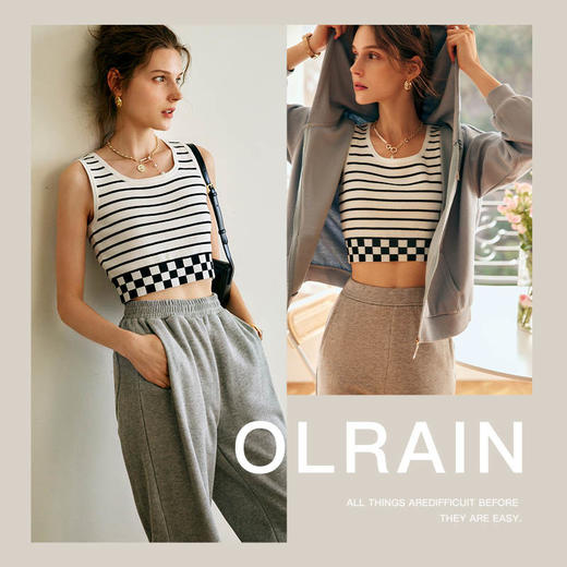 欧芮儿打底背心女2022冬季新款条纹棋盘格拼接内搭设计感洋气上衣 商品图3