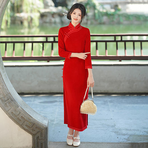 GSJ-3114秋冬季新款女装长款旗袍高开叉立领修身日常连衣裙 商品图4