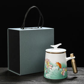 【年年有鱼】珍瓷窑 羊脂玉 素烧亚光 荷韵办公杯 礼盒装