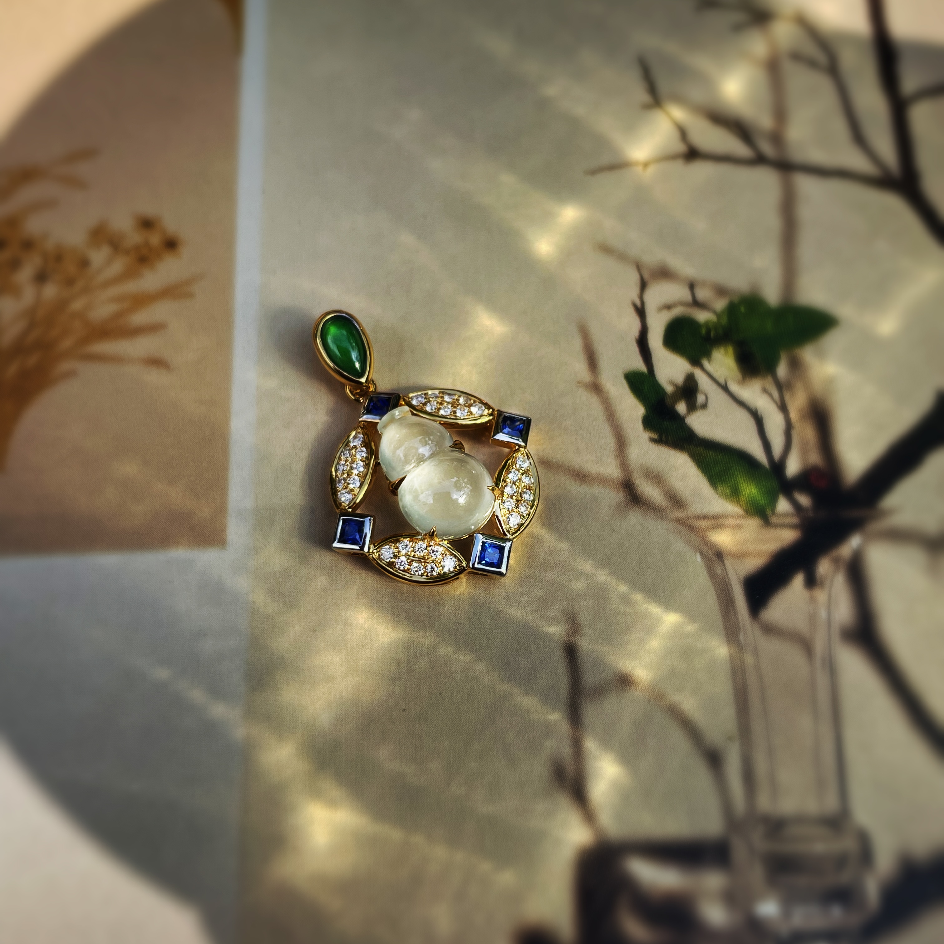 【招财纳福】翡翠葫芦四方蓝宝吊坠【定制】