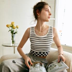 欧芮儿打底背心女2022冬季新款条纹棋盘格拼接内搭设计感洋气上衣