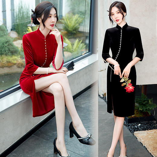 GSJ-2025秋冬新款金丝绒旗袍复古中国风纯色改良时尚旗袍连衣裙 商品图0