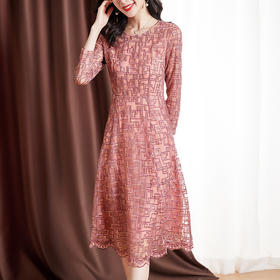 ZS-3527秋季新款大码蕾丝刺绣连衣裙女长袖时尚圆领收腰显瘦气质裙子