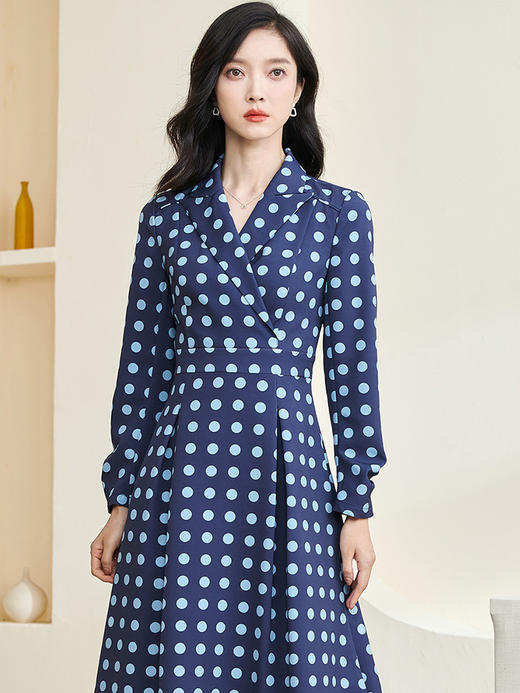 剩S/M/L 米思阳2025春季新款气质波点西装领连衣裙收腰显瘦长袖A字裙2745 商品图1
