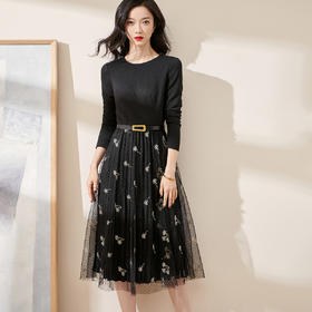 剩S/M/XL 米思阳2026春新款气质淑女拼接网纱连衣裙显瘦中长飘逸裙子0520