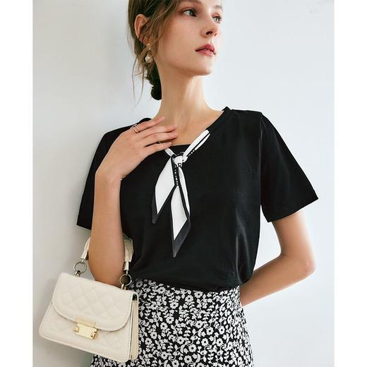 欧芮儿黑色短袖T恤女夏季2022新款宽松时尚丝巾系带气质休闲上衣 商品图1