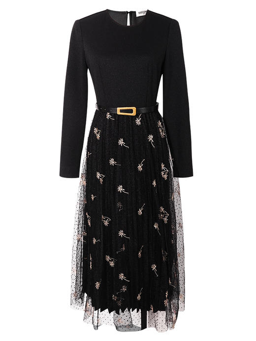 剩S/M/XL 米思阳2026春新款气质淑女拼接网纱连衣裙显瘦中长飘逸裙子0520 商品图4